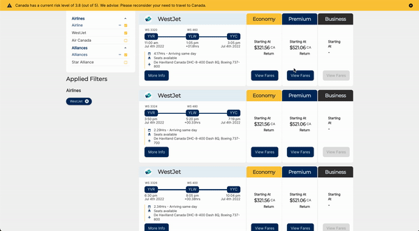 WestJet Flights Screenshot